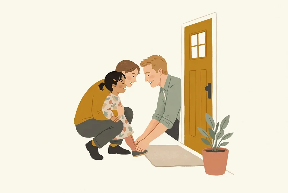A mother and father helping their small daughter with her shoes
         by the front door