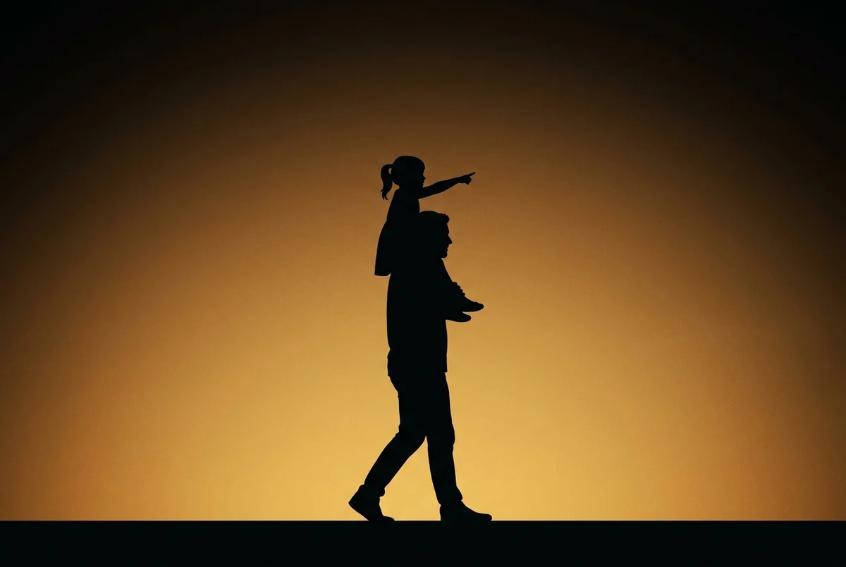 A father walking at sunset with his small daughter on his shoulders, pointing ahead